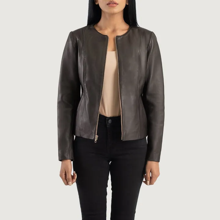 “Elixir Brown Collarless Leather Jacket with premium leather and minimalist collarless design”
