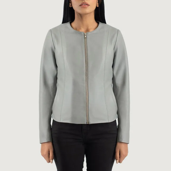 “Elixir Grey Collarless Leather Jacket with premium leather and a sleek collarless design”