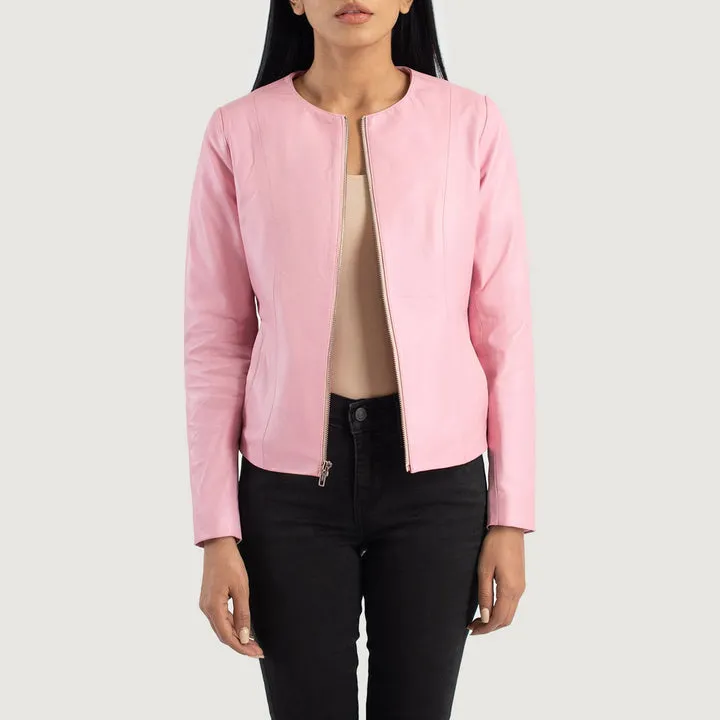 “Elixir Pink Collarless Leather Jacket with premium leather and a modern collarless design”
