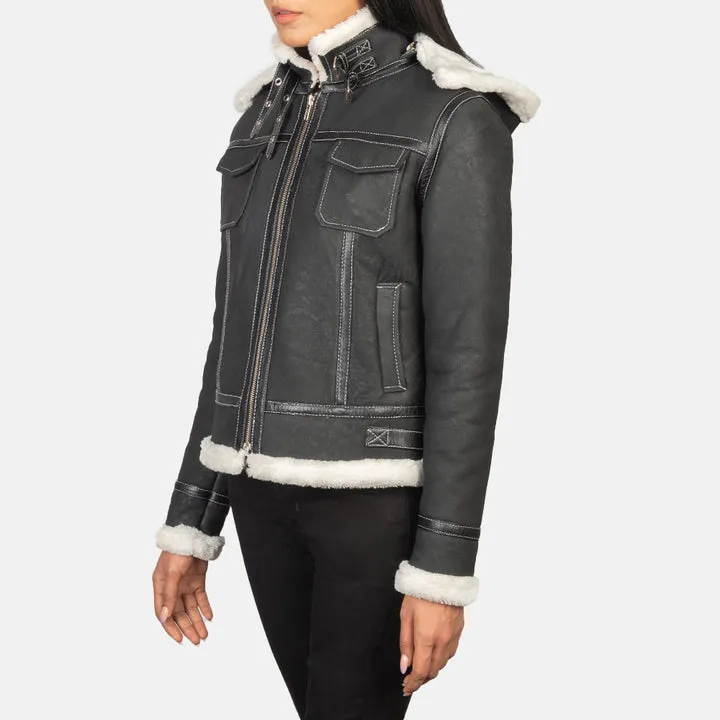 “Fiona Black Hooded Shearling Leather Jacket with premium leather and plush shearling lining”