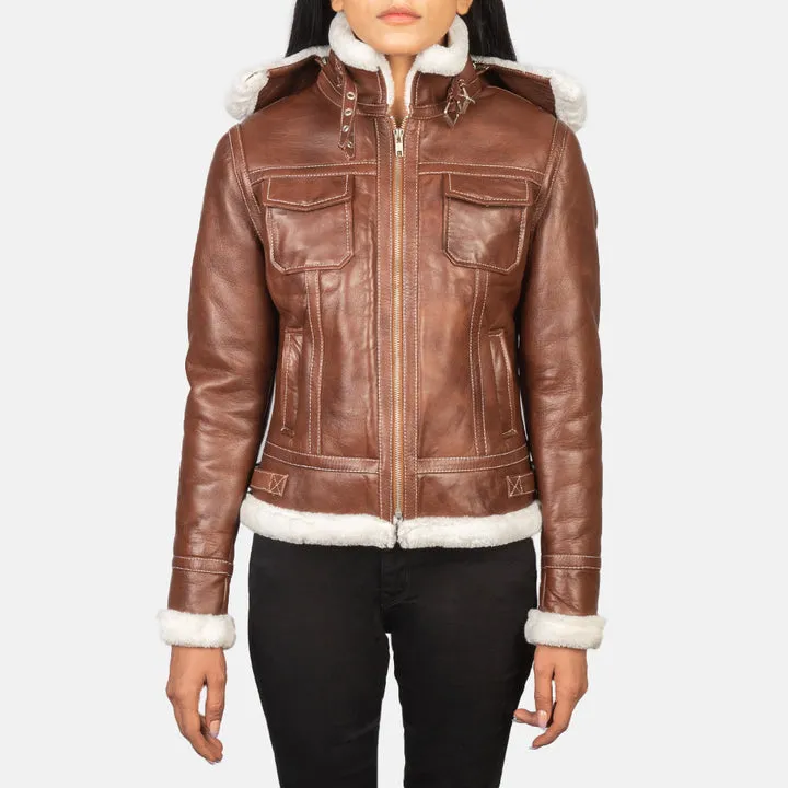 “Fiona Brown Hooded Shearling Leather Jacket with premium leather and soft shearling lining”