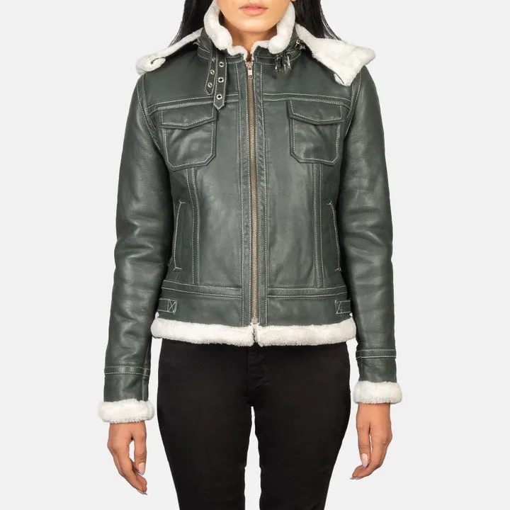 “Fiona Green Hooded Shearling Leather Jacket with premium green leather, plush shearling lining, and protective hood”