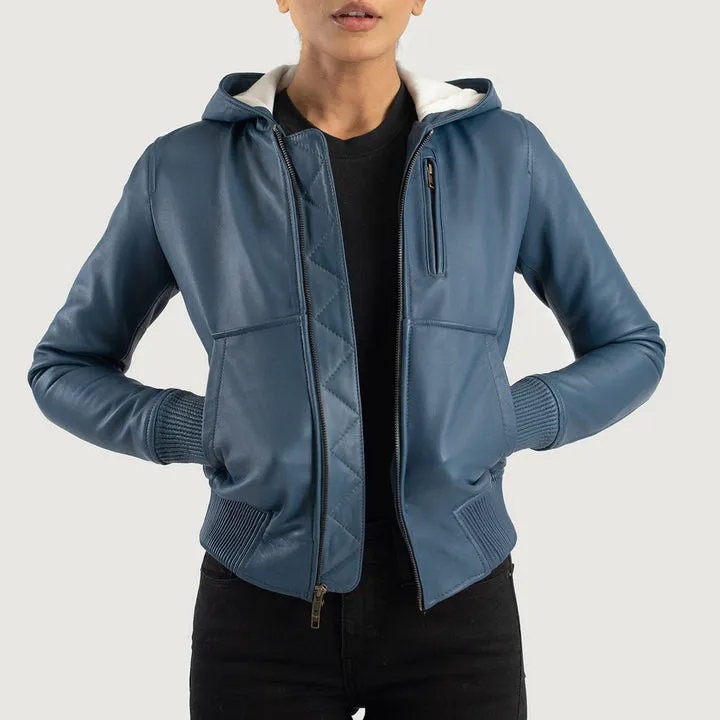 Luna Blue Hooded Leather Bomber Jacket front view fleece lined