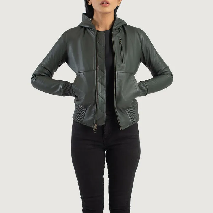 Luna Green Hooded Leather Bomber Jacket front view fleece lined