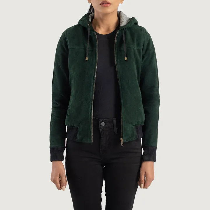 “Rebella Green Hooded Suede Bomber Jacket with premium suede and hooded bomber design”