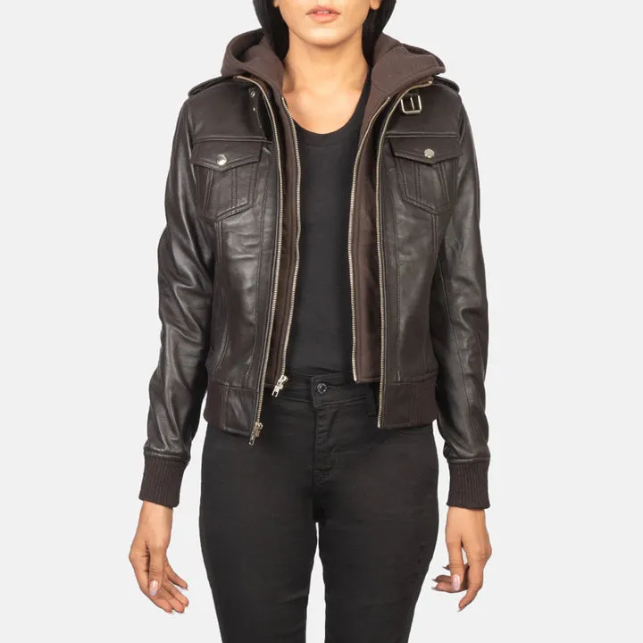 Roslyn Brown Hooded Leather Bomber Jacket front view removable hood