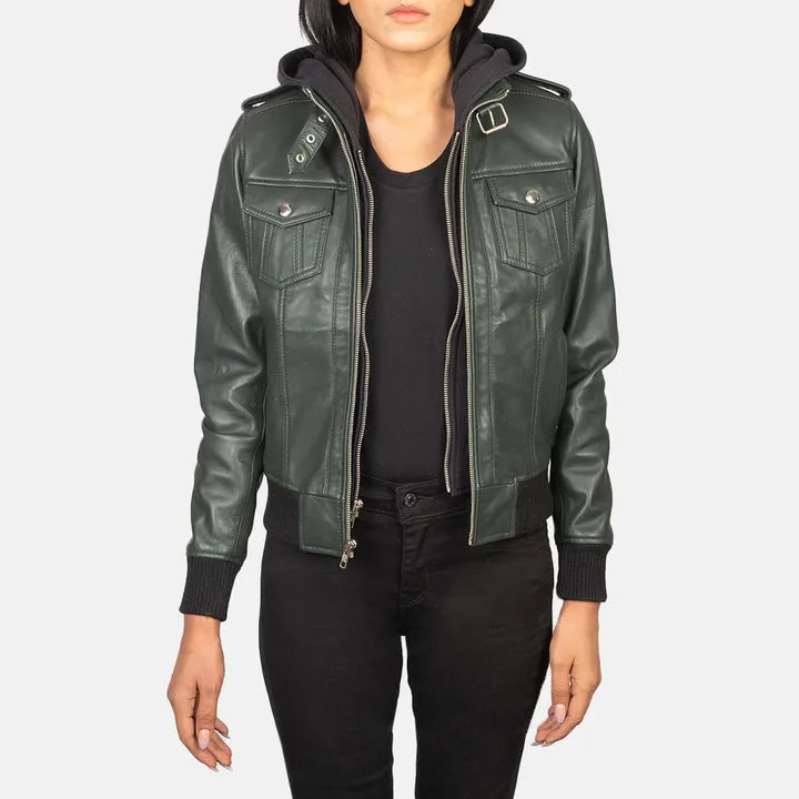 “Roslyn Green Hooded Leather Bomber Jacket crafted from premium green leather with a modern hooded design”