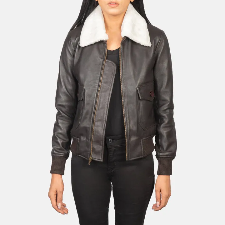 Stella G-1 Brown Leather Bomber Jacket front view removable collar