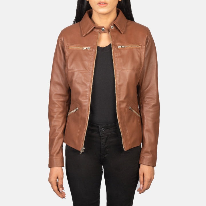 Tomachi Brown Leather Jacket front view shirt collar