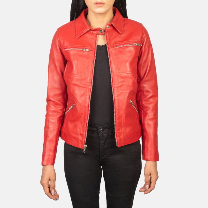 Tomachi Red Leather Jacket front view shirt collar