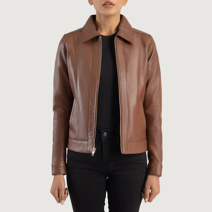 “Vixen Brown Classic Collar Leather Jacket with premium brown leather and classic collar design”