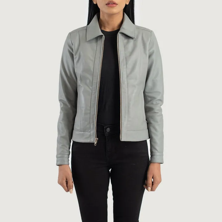“Vixen Grey Classic Collar Leather Jacket with premium grey leather and classic collar design”