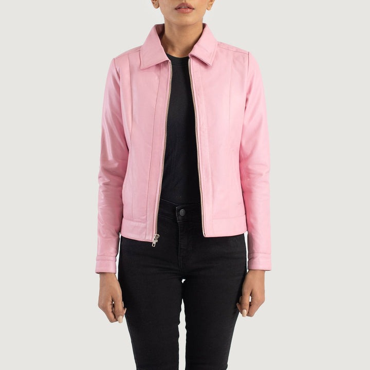 Vixen Pink Classic Collar Leather Jacket – front view showing structured classic collar, genuine pink leather and clean front zip