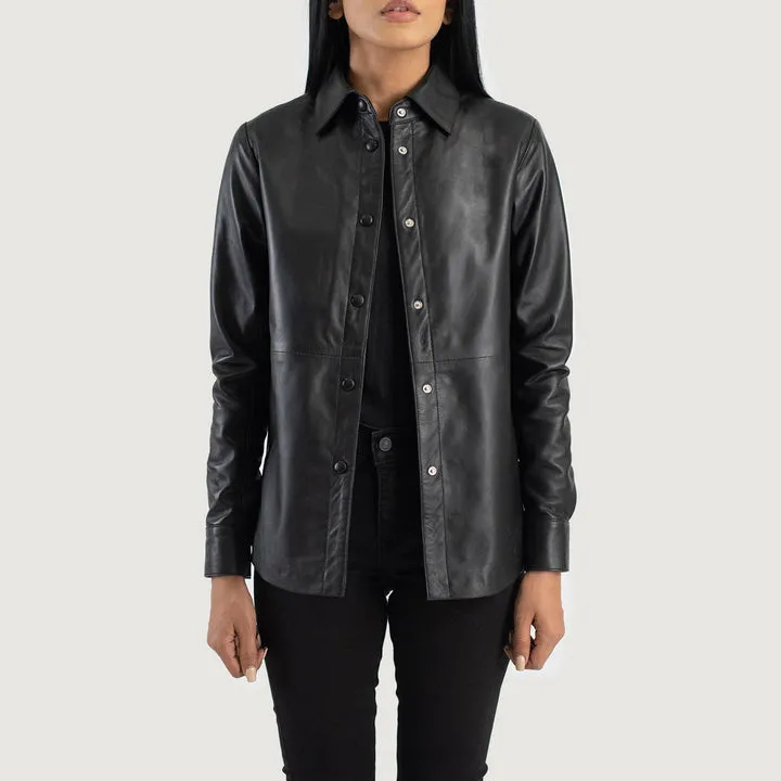 “Zenith Black Leather Shirt Jacket with premium leather and modern shirt-style design”
