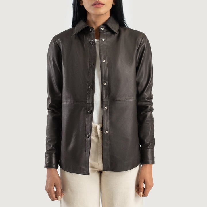Zenith Brown Leather Shirt Jacket – front view showing shirt-style collar, button front and rich genuine brown leather