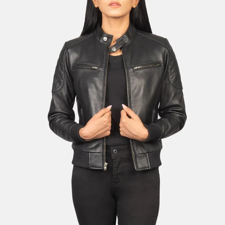 “Zenna Black Leather Bomber Jacket made from genuine black leather with modern bomber design”