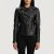 Sally Mae Studded Black Leather Biker Jacket – front view showing black genuine leather with silver metal studs and asymmetrical zipper