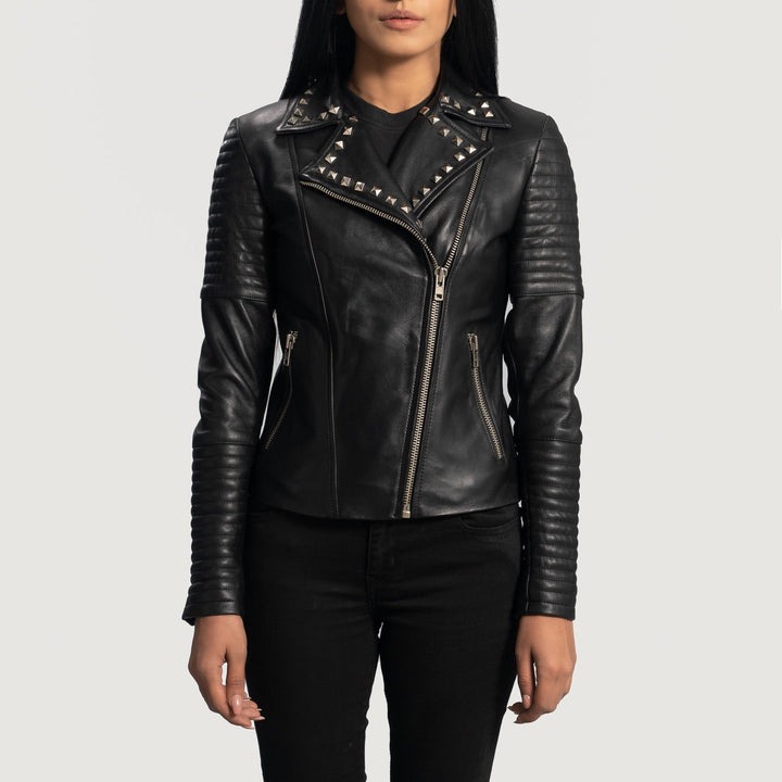 Sally Mae Studded Black Leather Biker Jacket – front view showing black genuine leather with silver metal studs and asymmetrical zipper