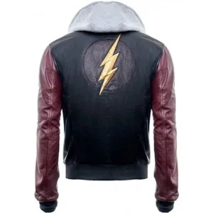 Justice League Barry Allen Flash Leather Jacket With Fleece Hoodie