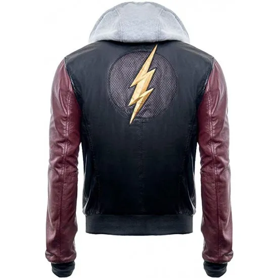Justice League Barry Allen Flash Leather Jacket With Fleece Hoodie