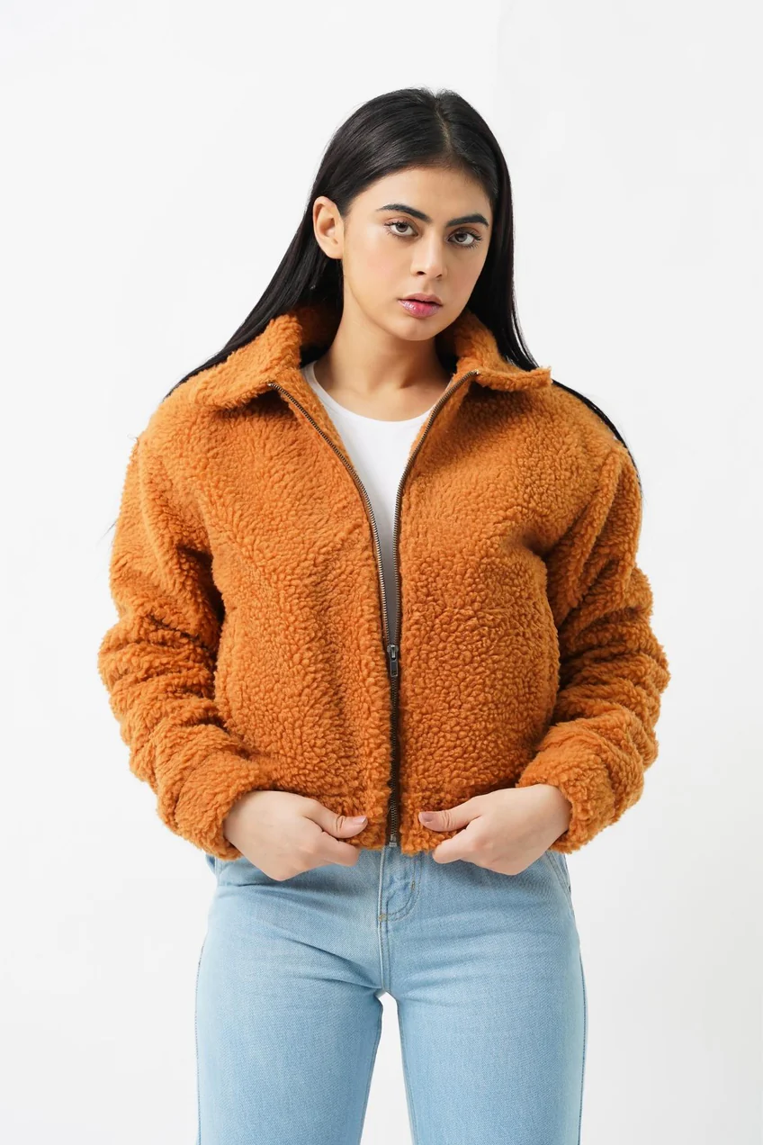 Teddy Faux Fur Bomber Jacket – Camel