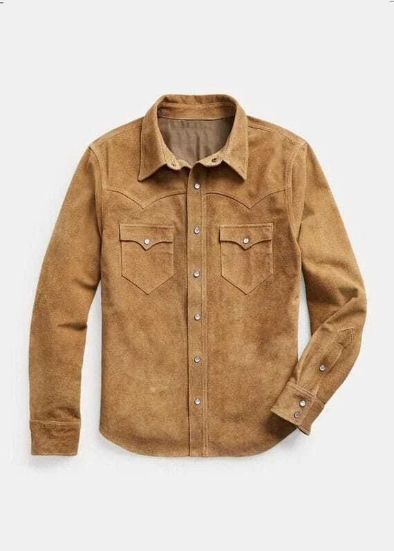 Men Suede Leather Trucker Premium Western Wear Shirt