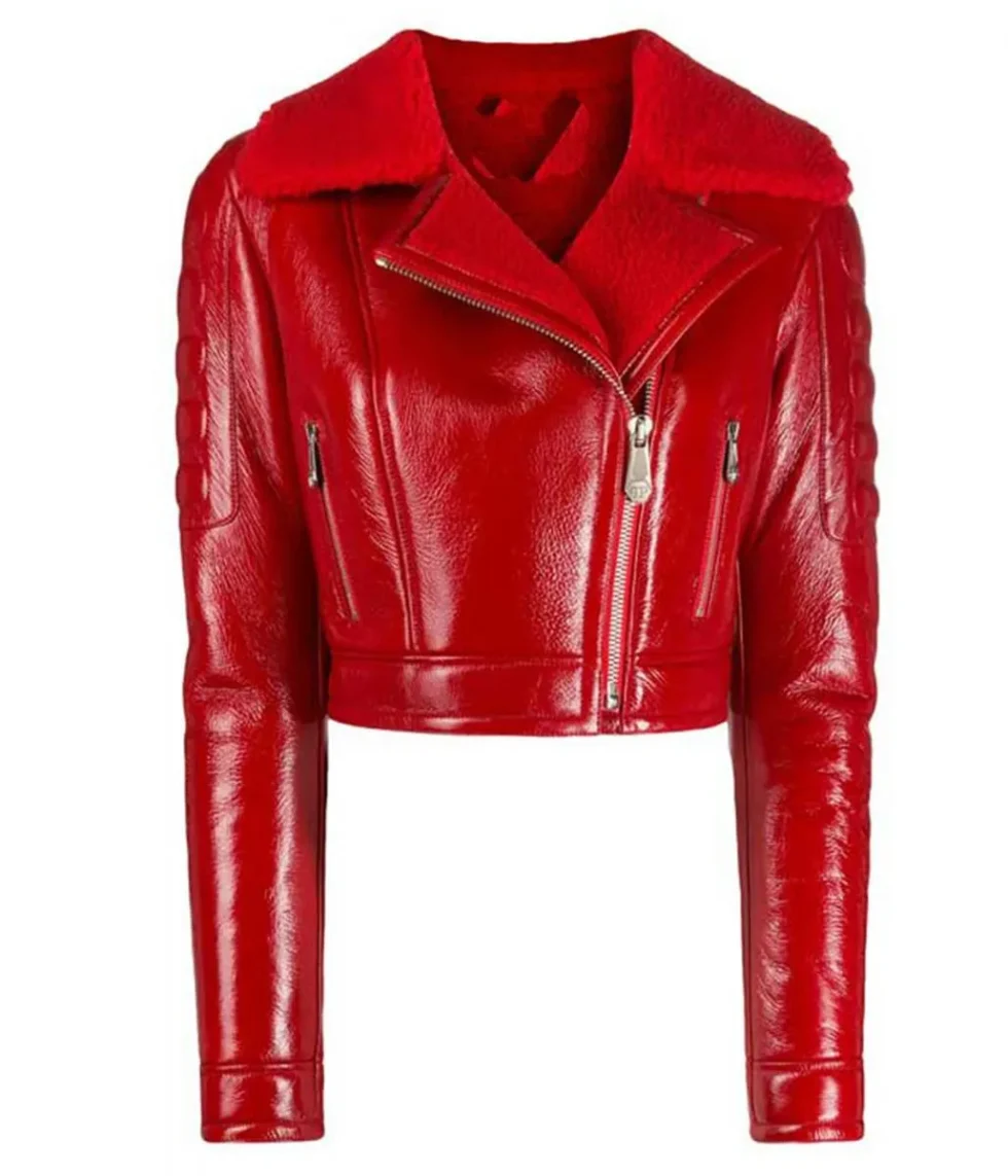 Women’s Asymmetrical Lainey Red Shearling Leather Jacket