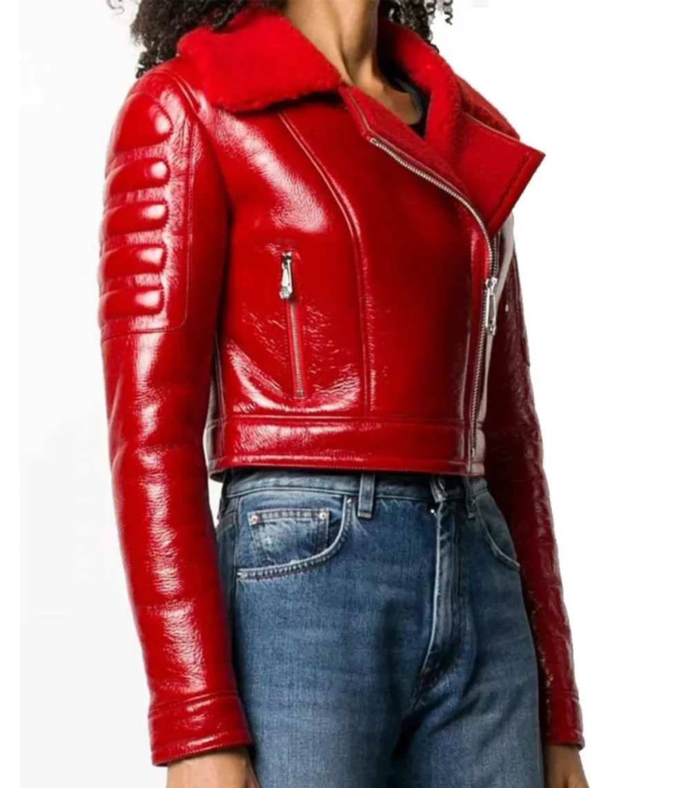 Women’s Asymmetrical Lainey Red Shearling Leather Jacket