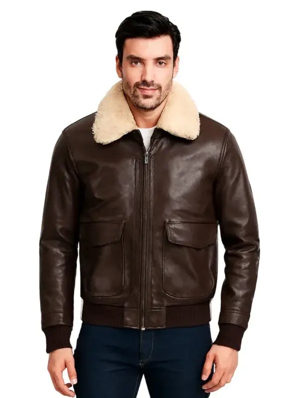 Men Brown Pilot Bomber Shearling Jacket