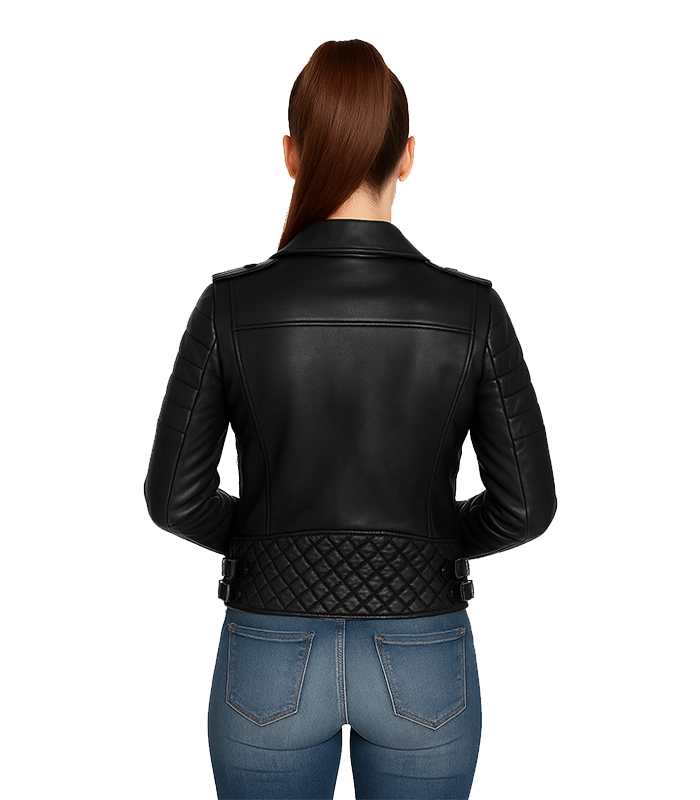 Womens Boda Style Quilted Leather Biker Jacket Black