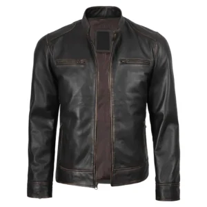 Dodge Men’s Rub Off Dark Brown Leather Jacket | Biker Style