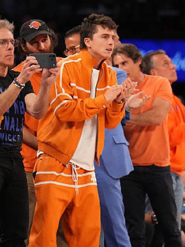Spurs vs Knicks Gameday Timothee Chalamet Orange Tracksuit