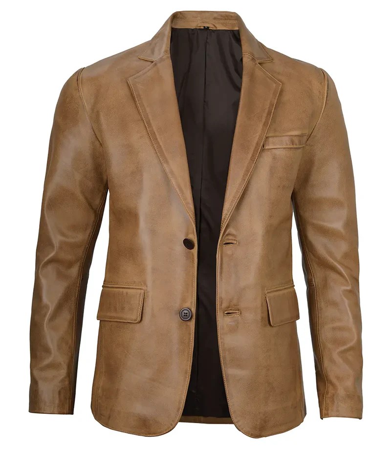 Men’s Camel Brown Two Button Real Leather Blazer