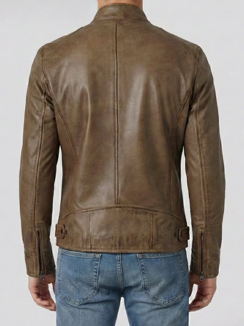 Dodge Men’s Camel Brown Leather Cafe Racer Style Jacket