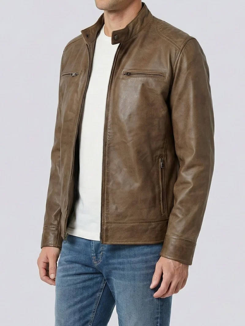 Dodge Men’s Camel Brown Leather Cafe Racer Style Jacket