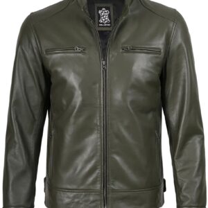 Dodge Mens Green Cafe Racer Real Leather Jacket