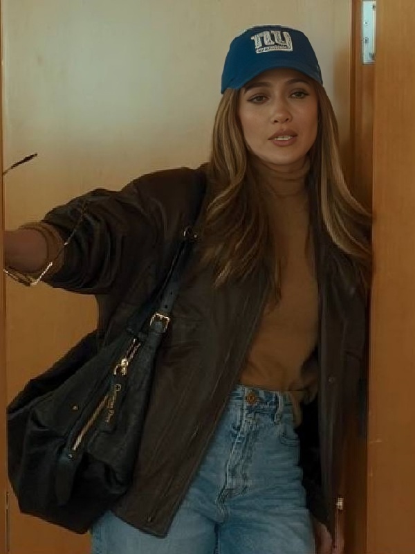 Office Romance 2026 Jennifer Lopez Brown Leather Bomber Jacket