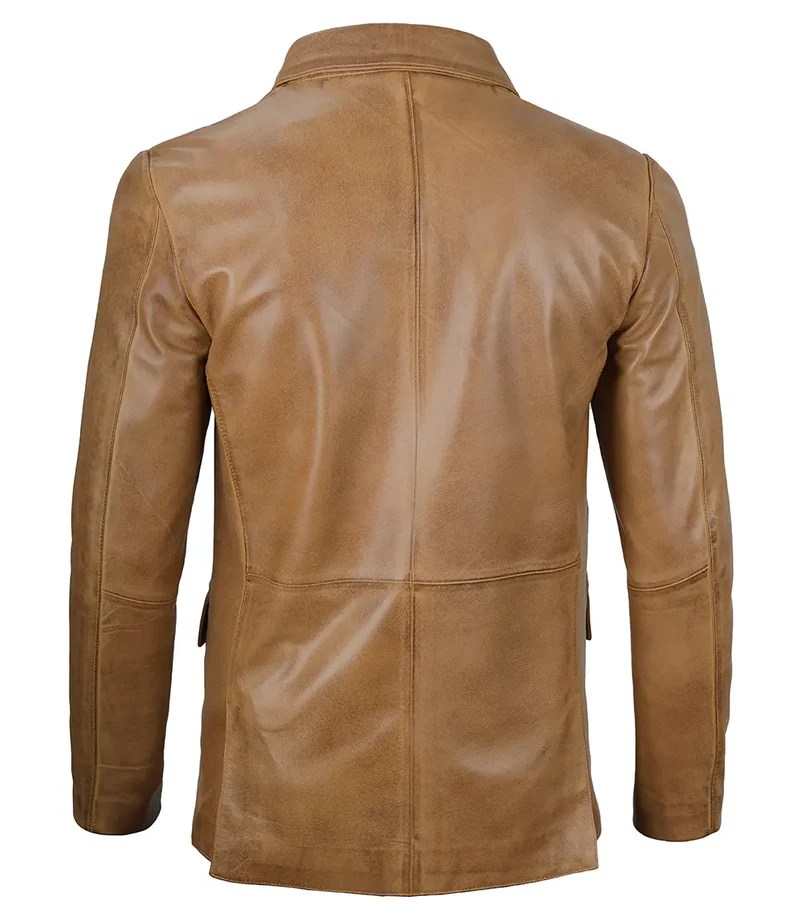 Men’s Camel Brown Two Button Real Leather Blazer