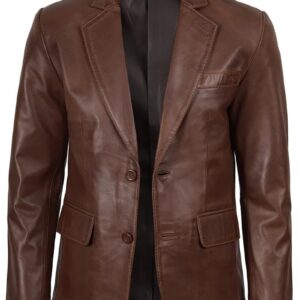 Men’s Two Button Cognac Wax Real Leather Blazer