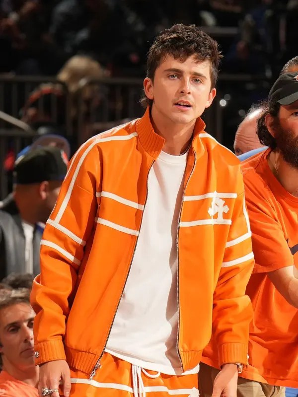 Spurs vs Knicks Gameday Timothee Chalamet Orange Tracksuit