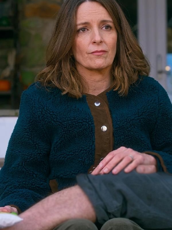 The Four Seasons S2 Tina Fey Navy and Brown Sherpa Jacket