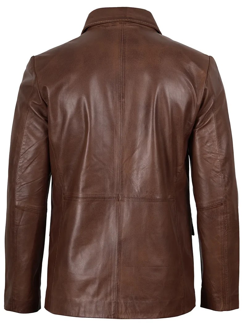 Men’s Two Button Cognac Wax Real Leather Blazer