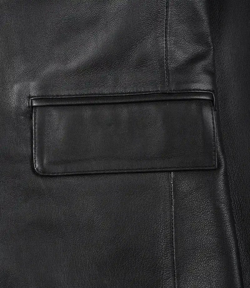 Real Leather Men’s Notch Lapel Two Button Black Blazer Jacket