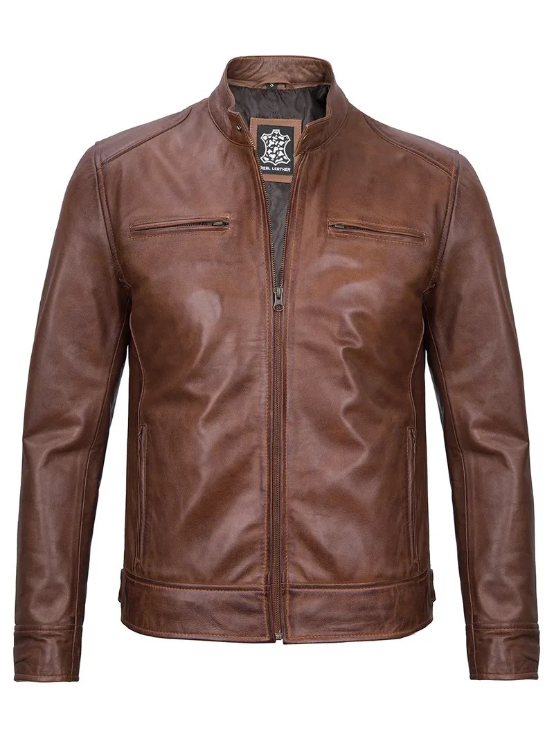 Real Leather Men’s Cognac Cafe Racer Jacket