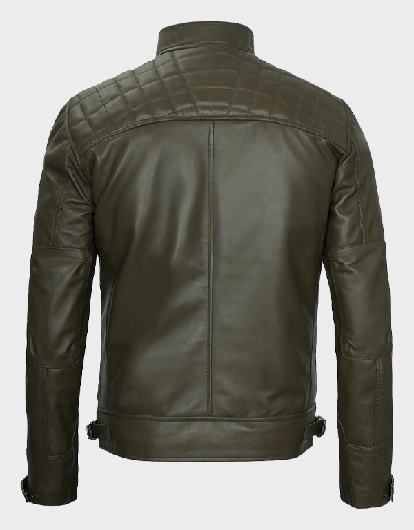 Men’s Olive Green Café Racer Leather Jacket | Quilted Shoulder Style