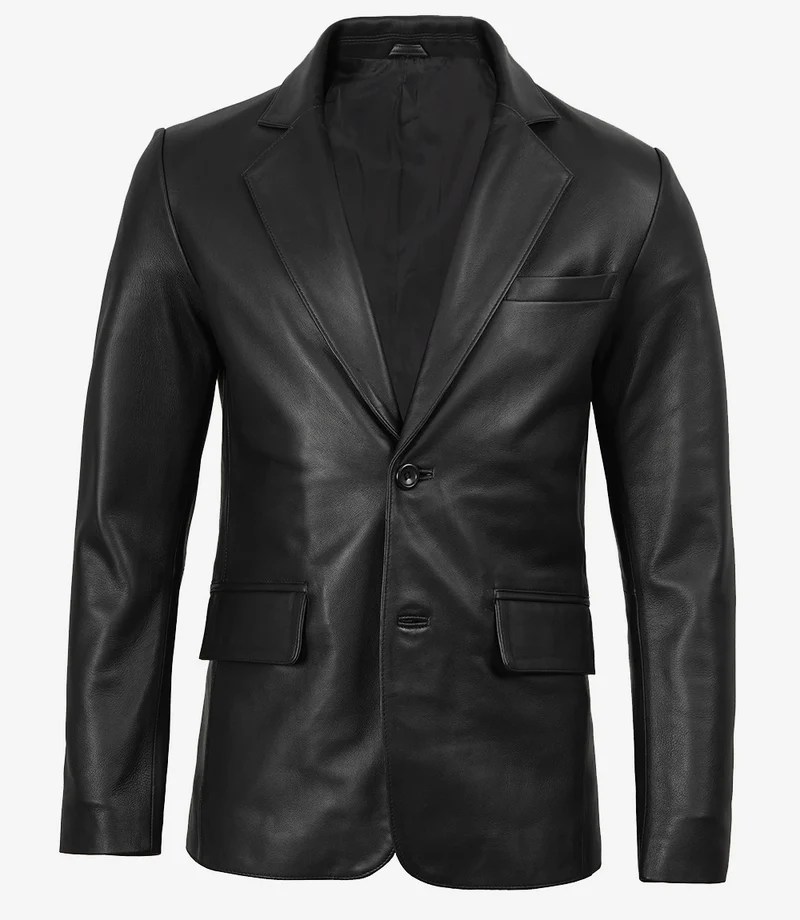 Real Leather Men’s Notch Lapel Two Button Black Blazer Jacket