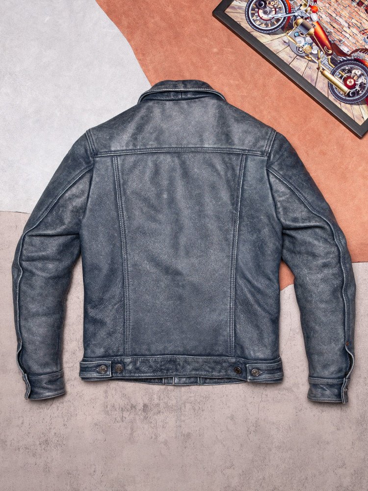 Men’s Black Distressed Real Leather Trucker Jacket - Image 2