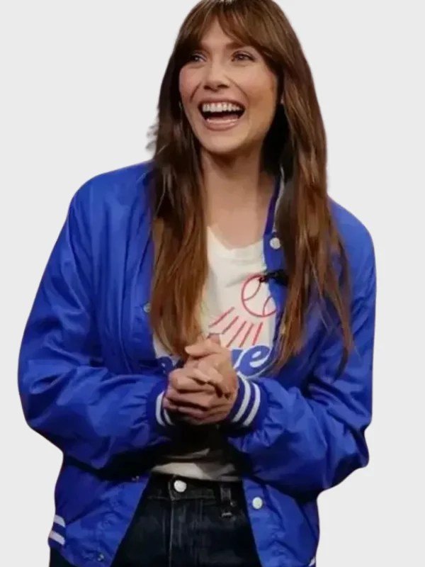 Elizabeth Olsen Blue Varsity Jacket - Image 2