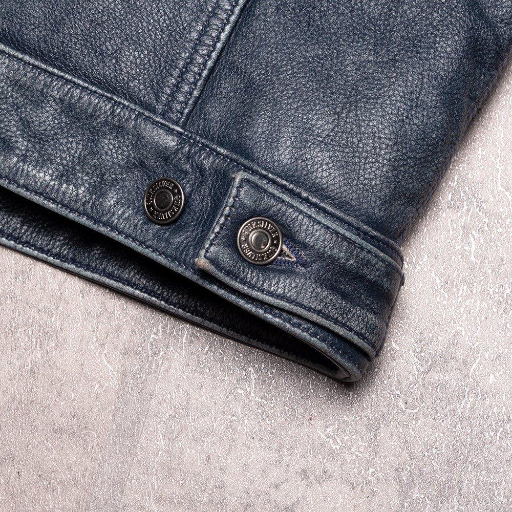 Men’s Black Distressed Real Leather Trucker Jacket - Image 3