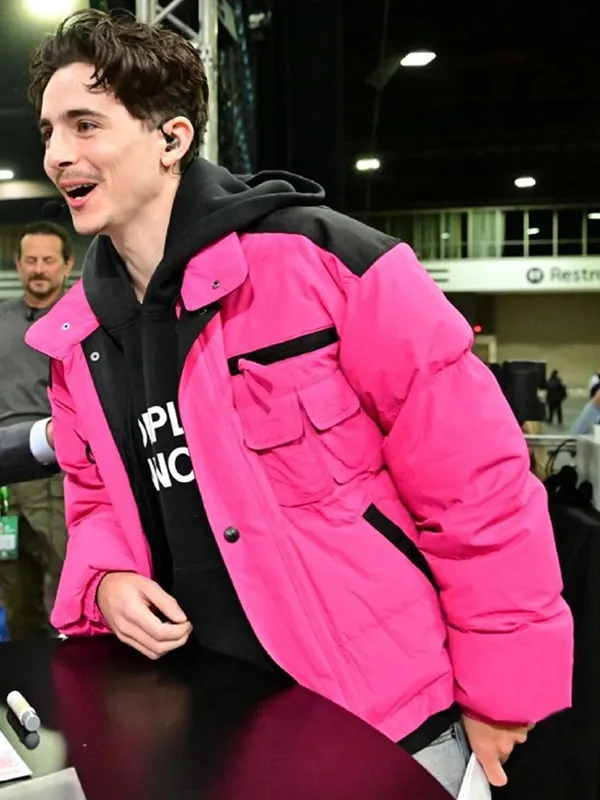 College GameDay Timothee Chalamet Pink Puffer Jacket - Image 4